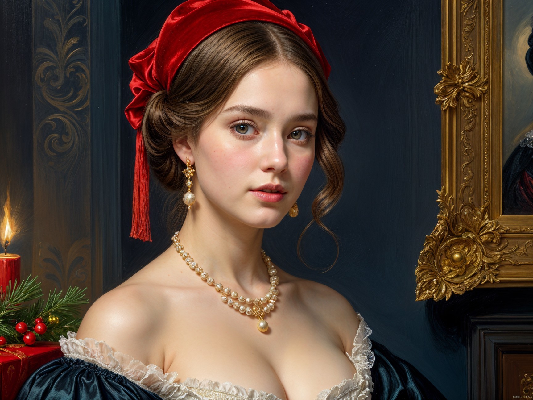 Elegant Young Woman in Blue Dress with Pearl Jewelry