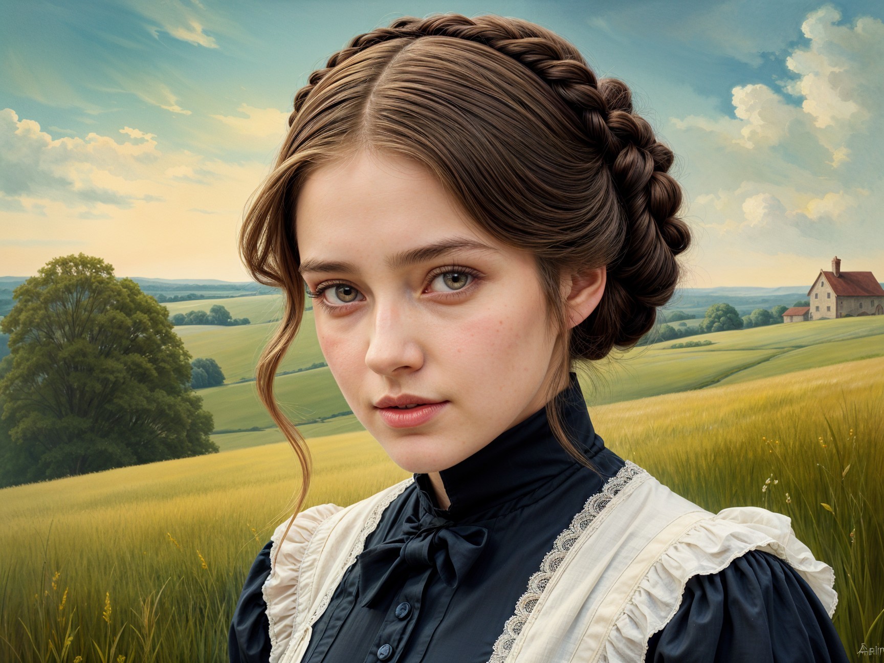 Young woman in black dress against countryside backdrop