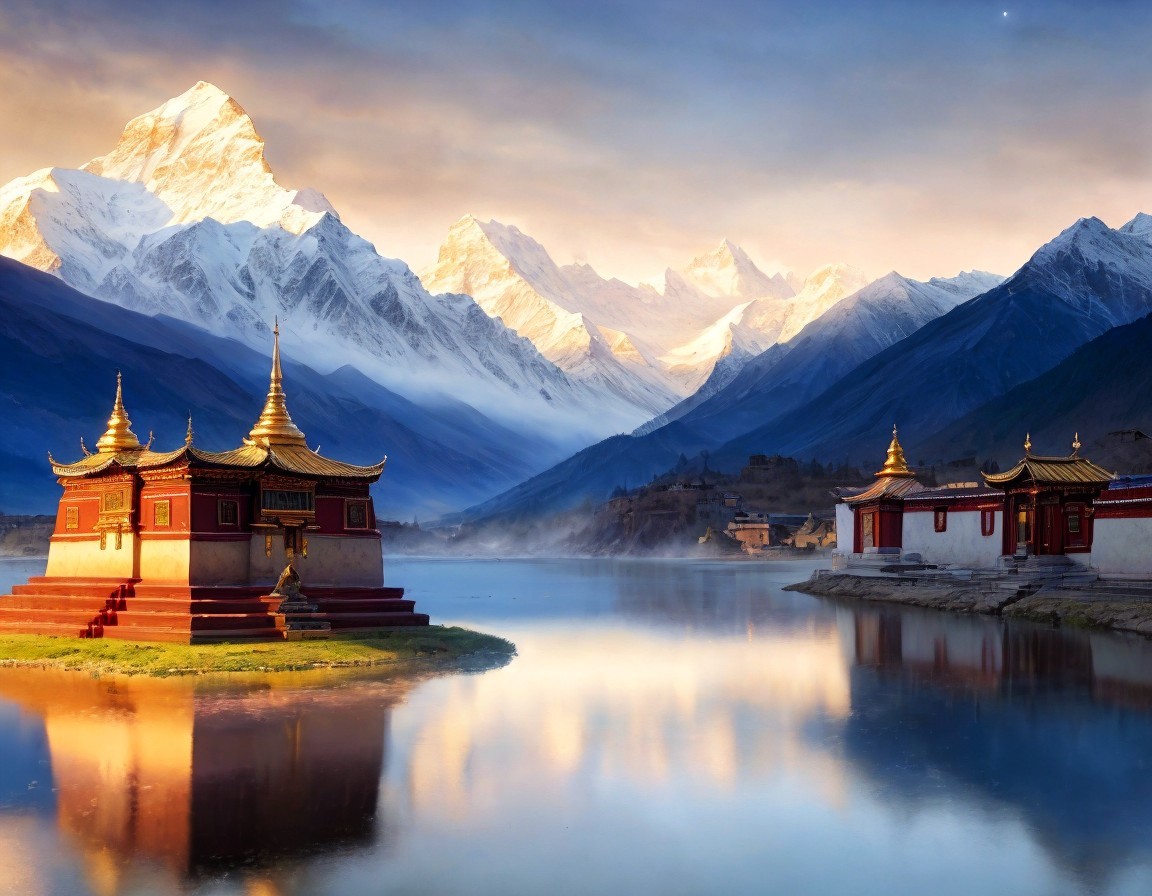 Scenic traditional temples near serene lake and snowy mountain peaks at sunrise or sunset