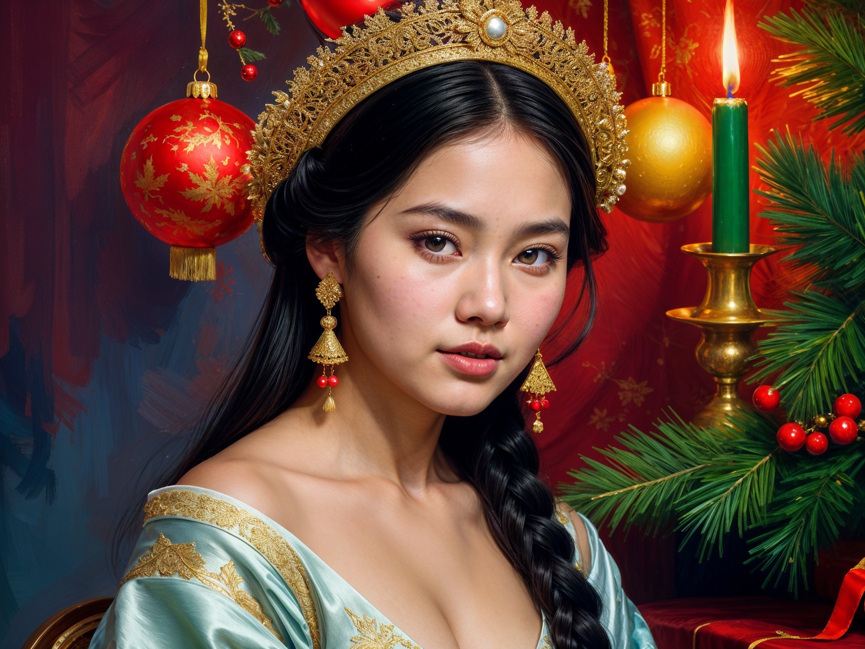 Young Woman in Blue Gown with Holiday Decorations