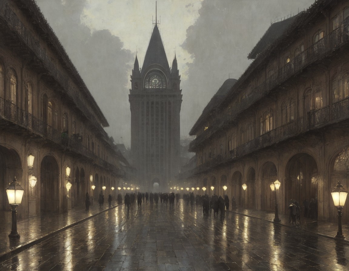 Crowded square with ornate buildings and clock tower in rainy weather