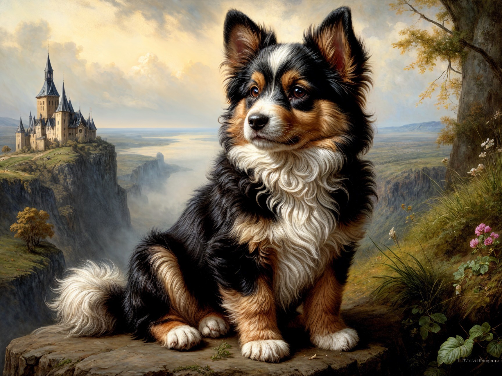 Fluffy Dog on Rocky Ledge with Castle Background