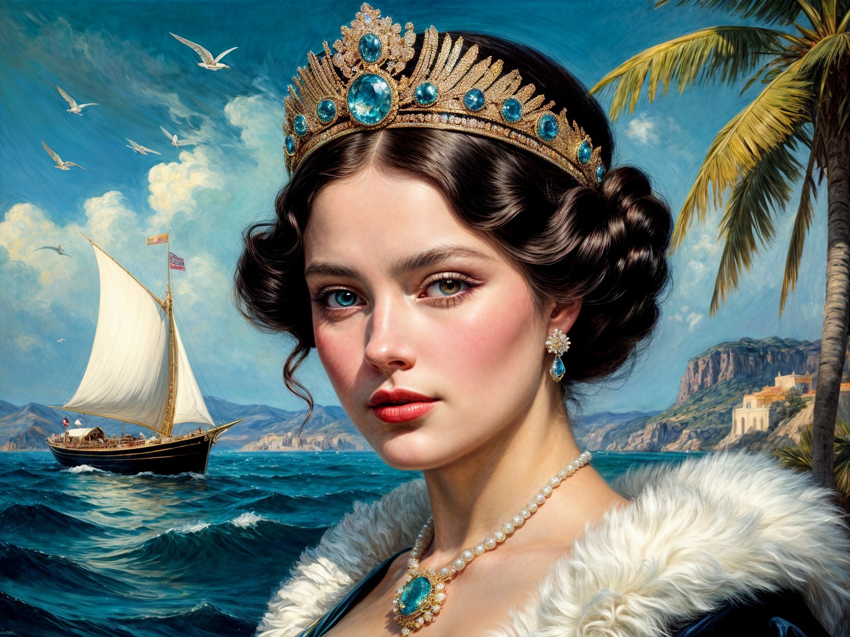 Regal Woman with Crown Against Tropical Seascape