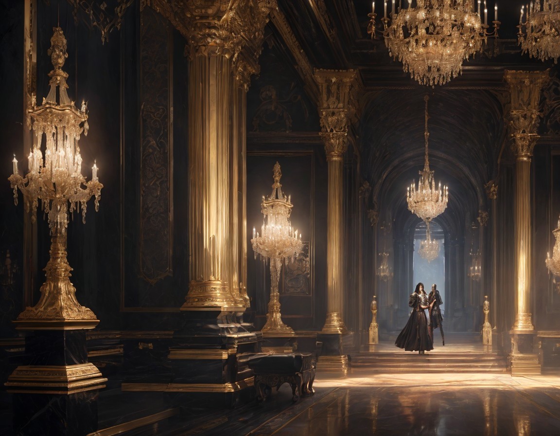 Opulent Hall with Chandeliers and Figures Centered