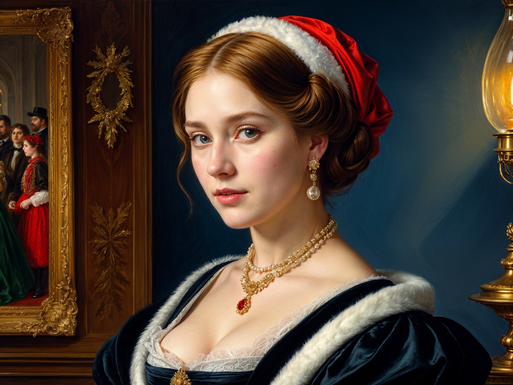 Young woman in luxurious black dress with fur trim