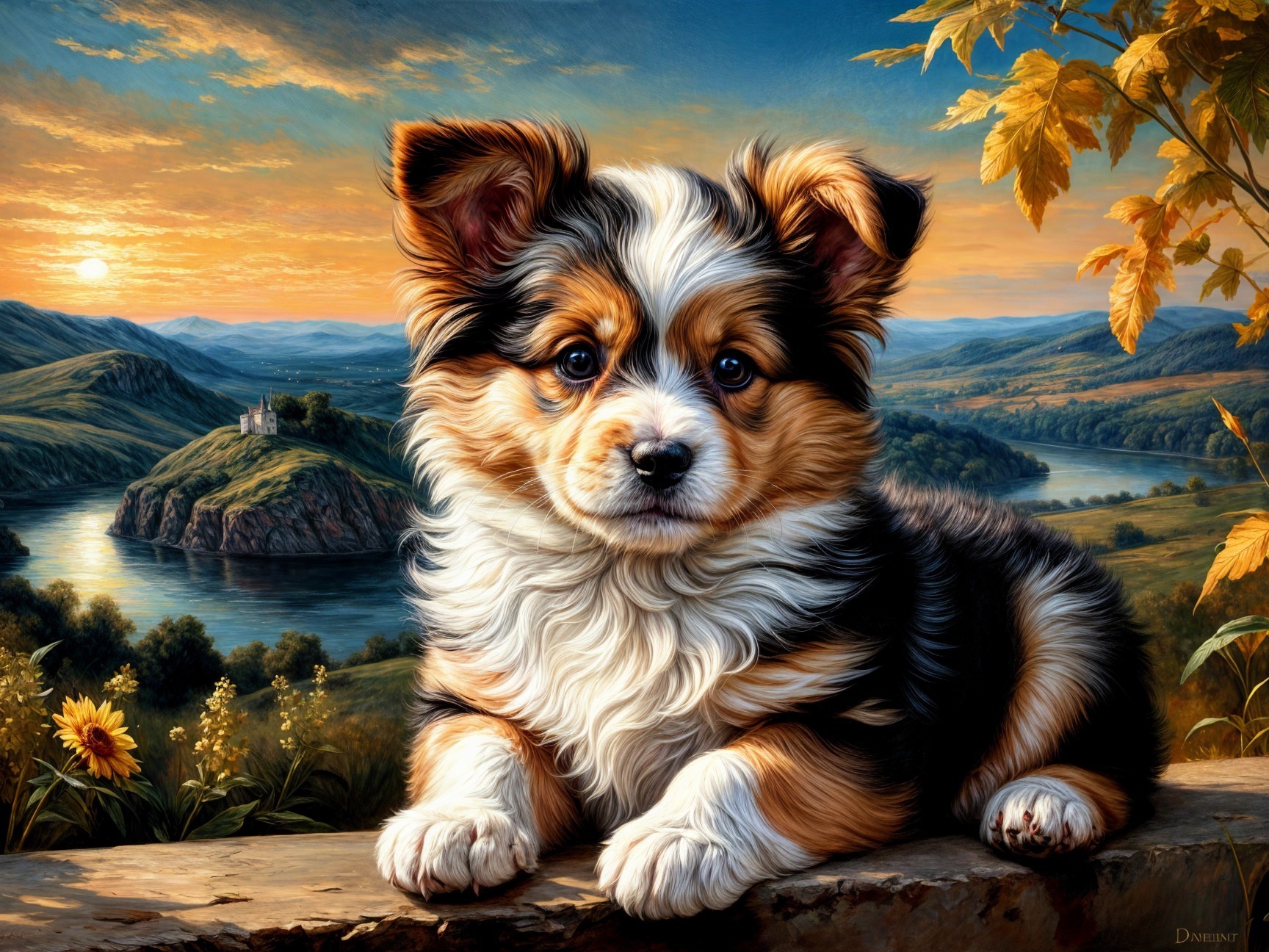 Fluffy Tri-Color Puppy on Stone Ledge at Sunset