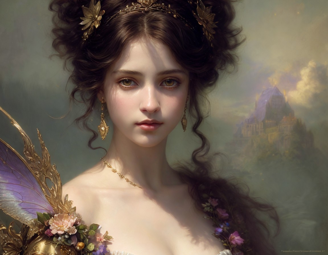 Painting of a Young Woman with Green Eyes and Floral Crown