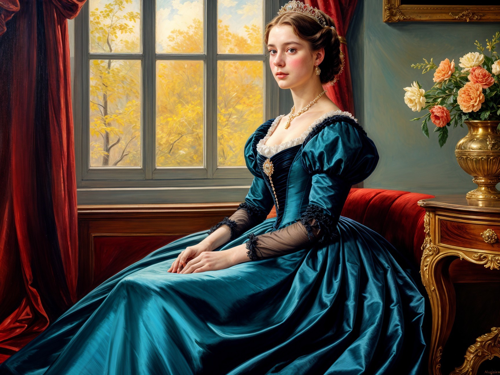 Young Woman in Teal Gown on Crimson Velvet Couch