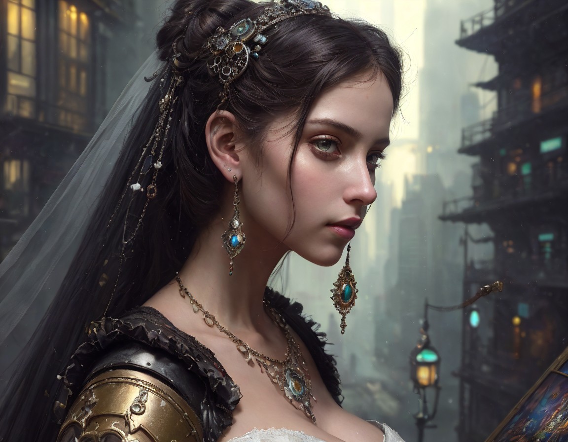 Digital art portrait of a young woman with intricate jewelry and armor against a moody cityscape.