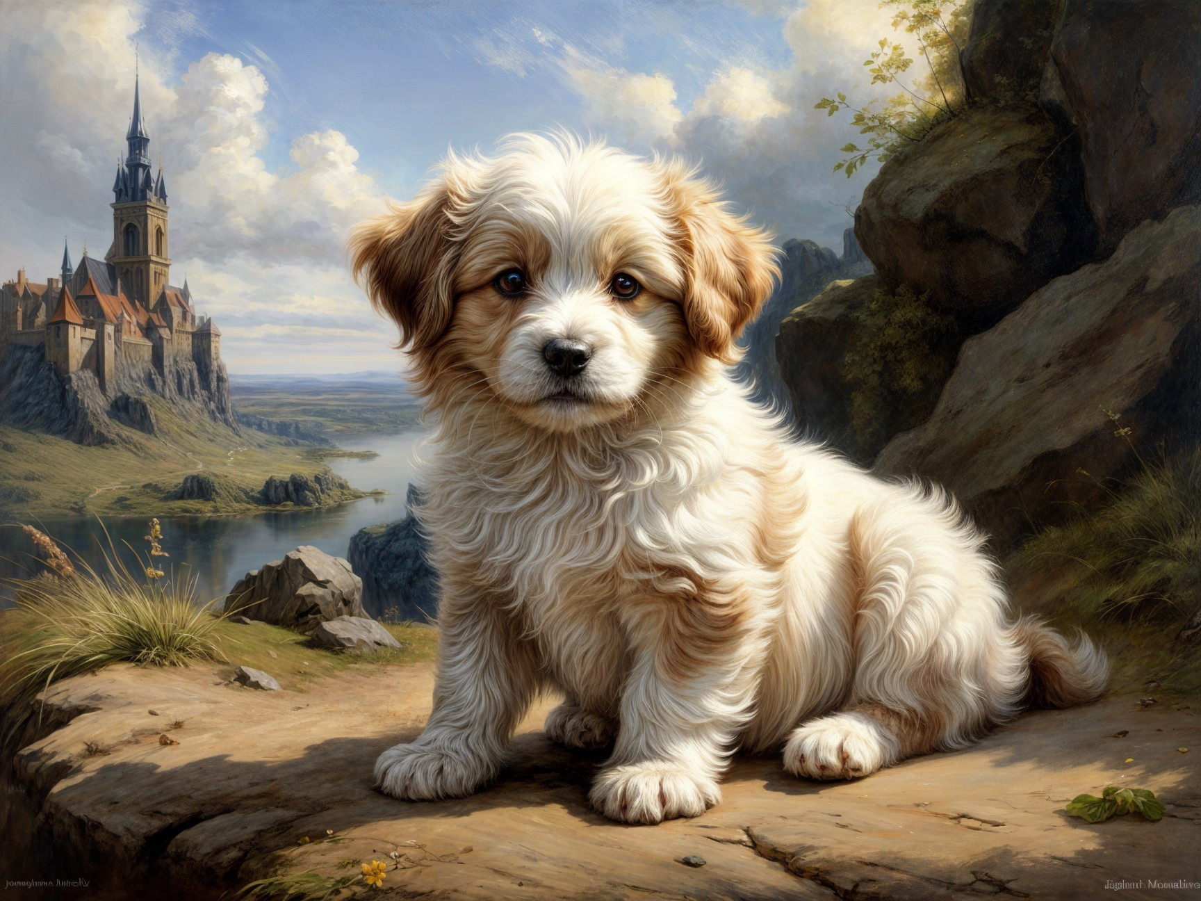 Fluffy Puppy Overlooking Lake and Castle Landscape