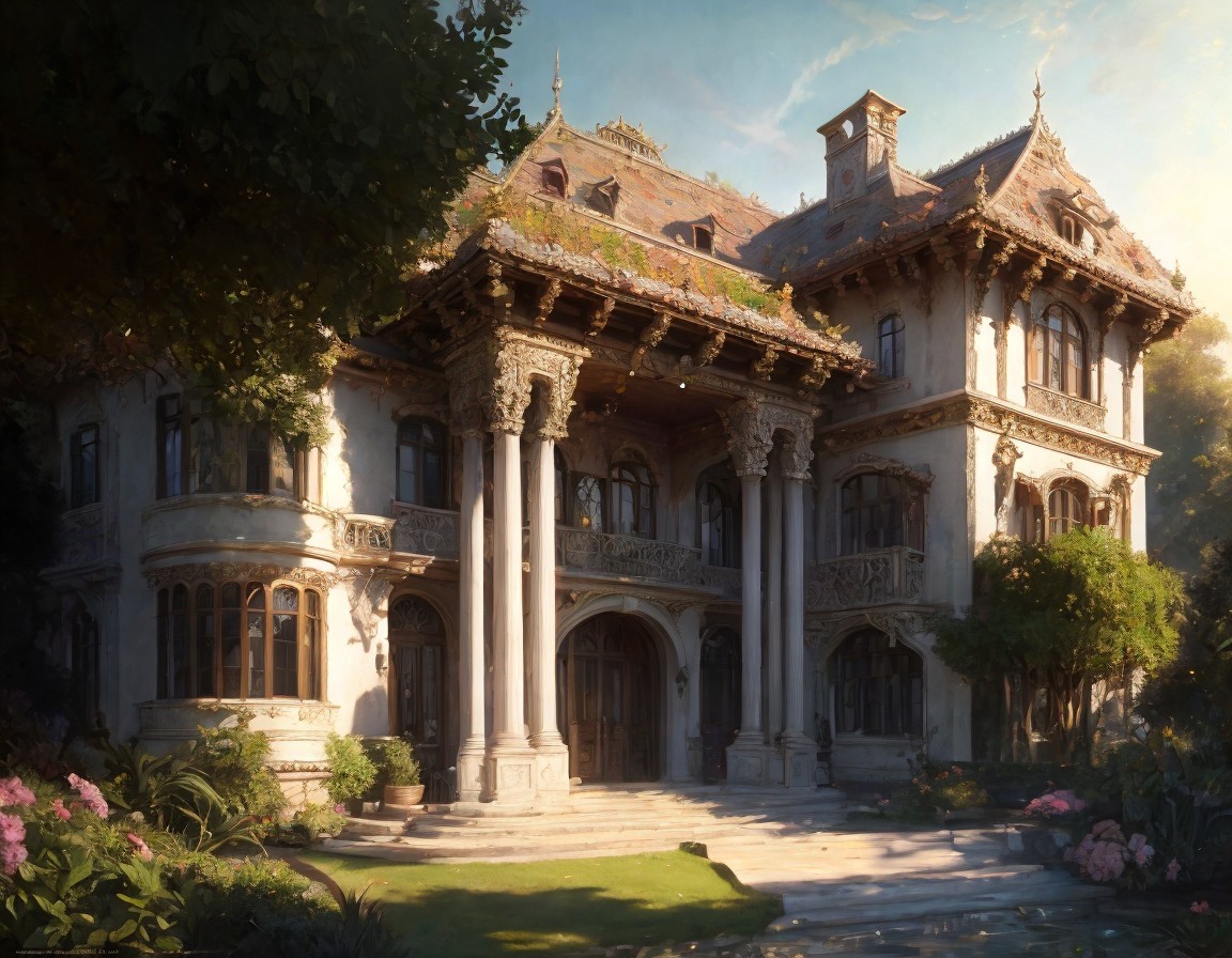 Intricately Designed Mansion Surrounded by Lush Greenery