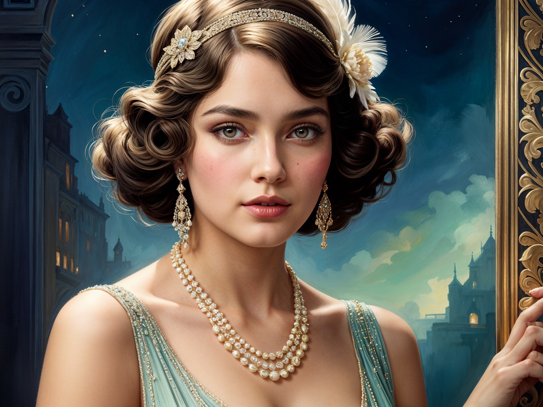 Glamorous Woman in Light Blue Gown with Elegant Bob