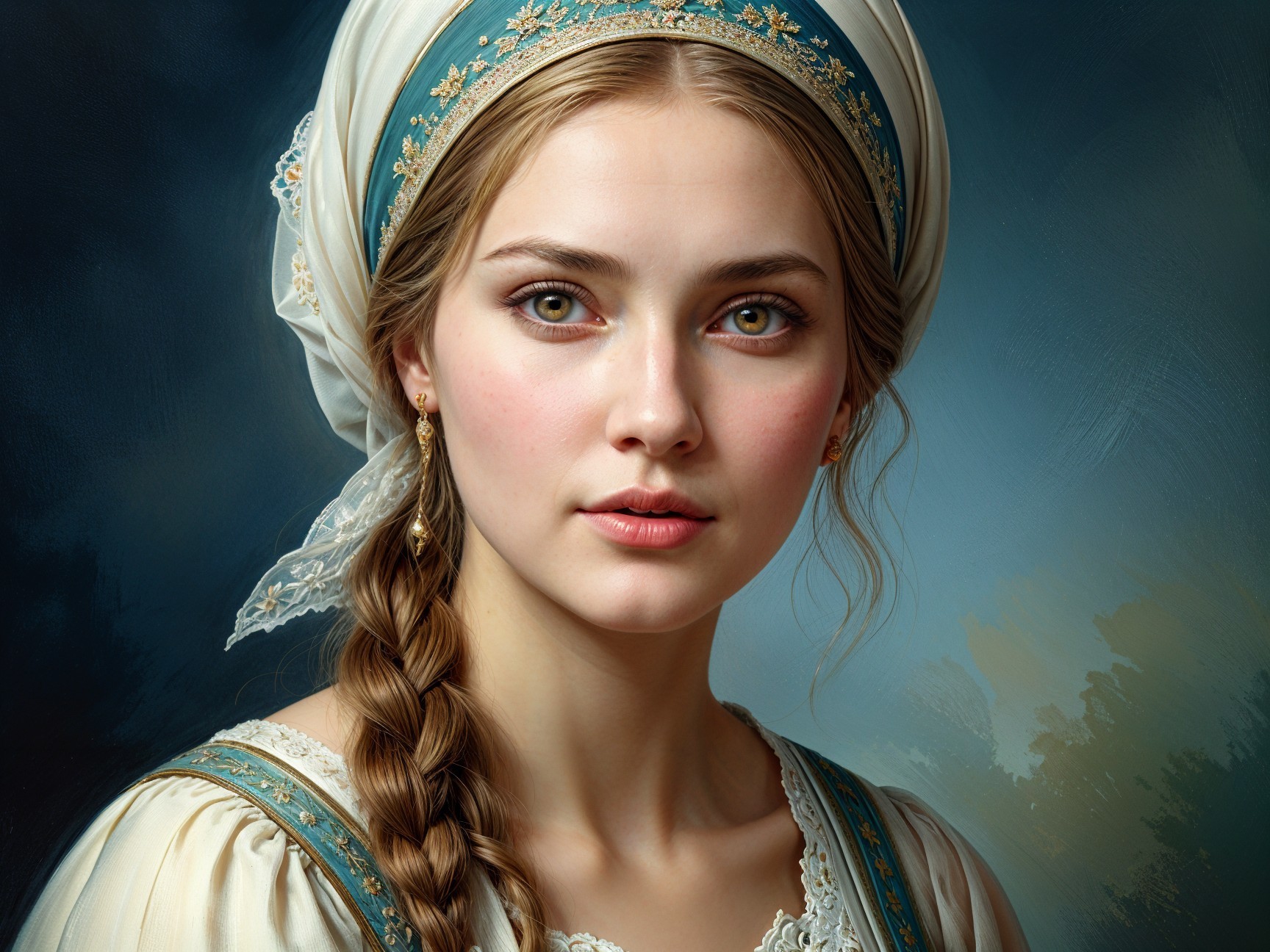 Young woman with green eyes in traditional dress