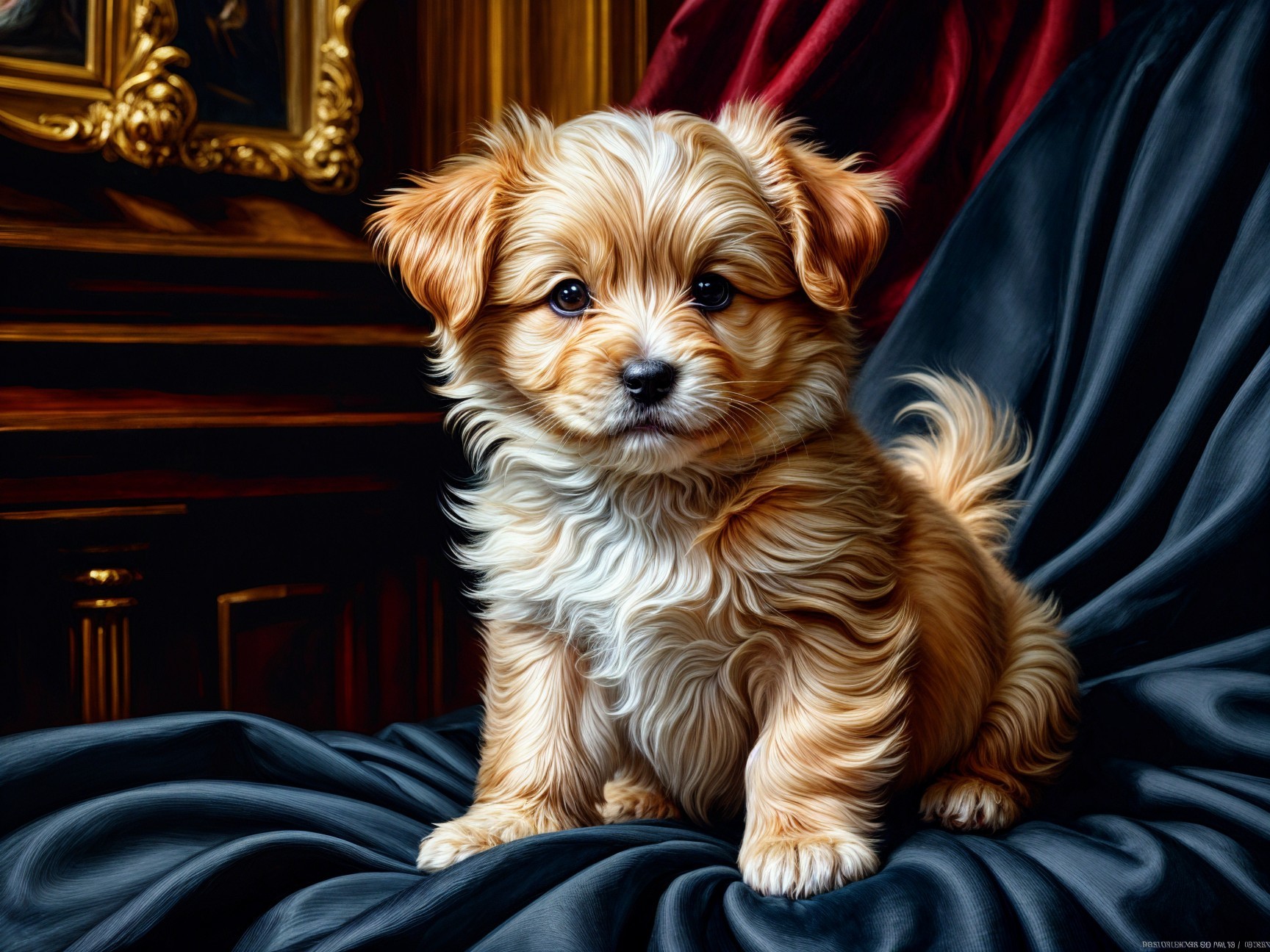 Fluffy Golden Puppy on Dark Luxurious Fabric