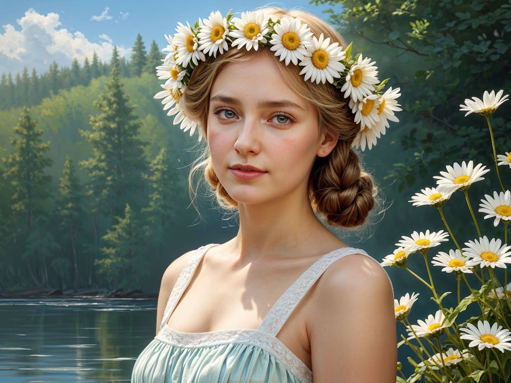 Young Woman in Light Blue Dress by Tranquil Lake