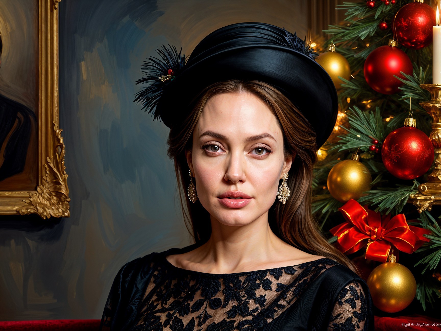 Elegant Woman in Black Dress with Festive Backdrop