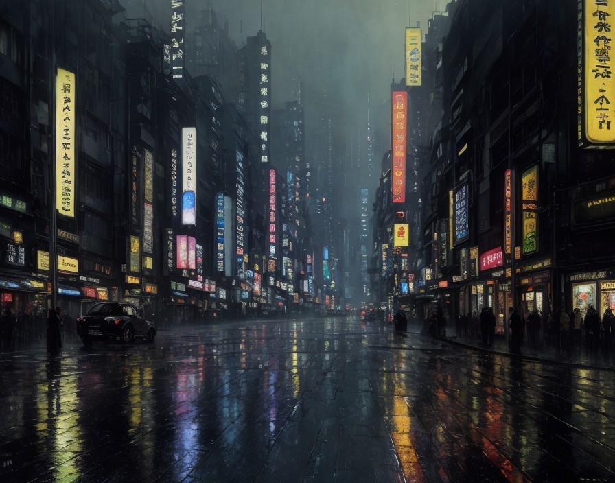 Urban city night scene with neon-lit street, rainy ambiance, high-rise buildings, multilingual signs