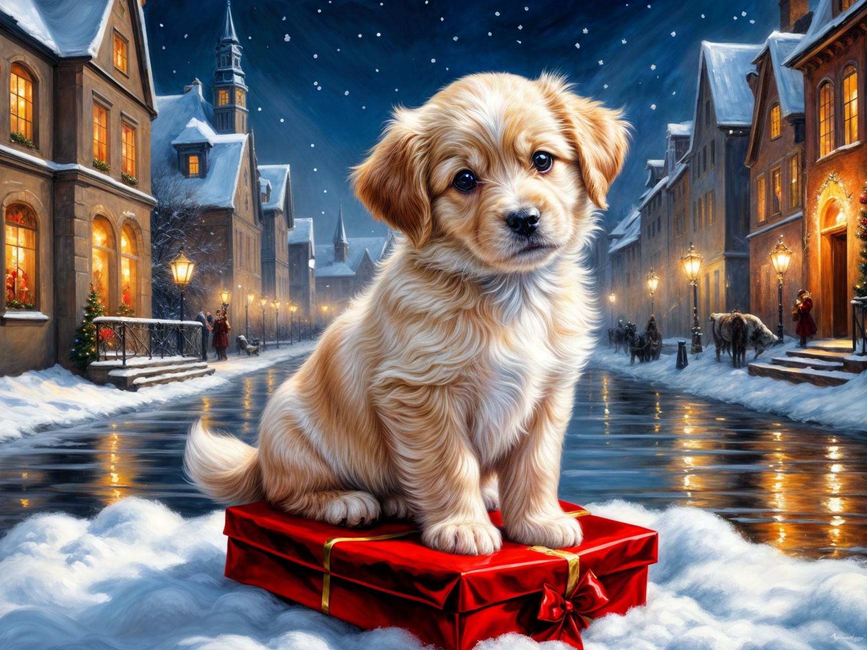 Fluffy Golden Puppy on Red Gift Box in Winter Scene
