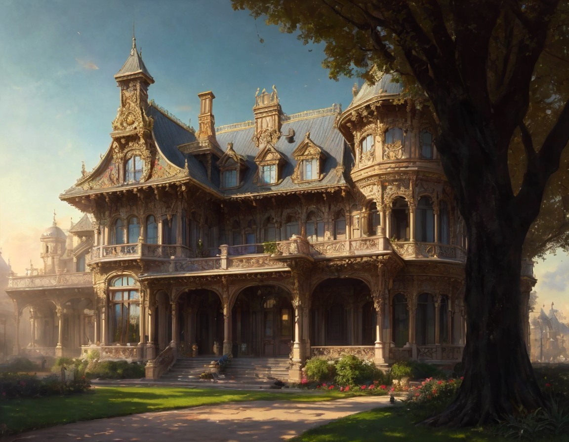 Ornate Victorian Mansion Surrounded by Lush Garden