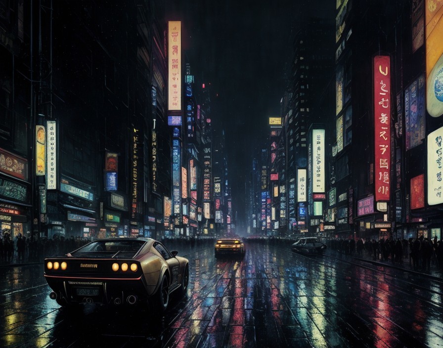 Futuristic city street at night with neon signs, wet from rain, sports car and approaching vehicle