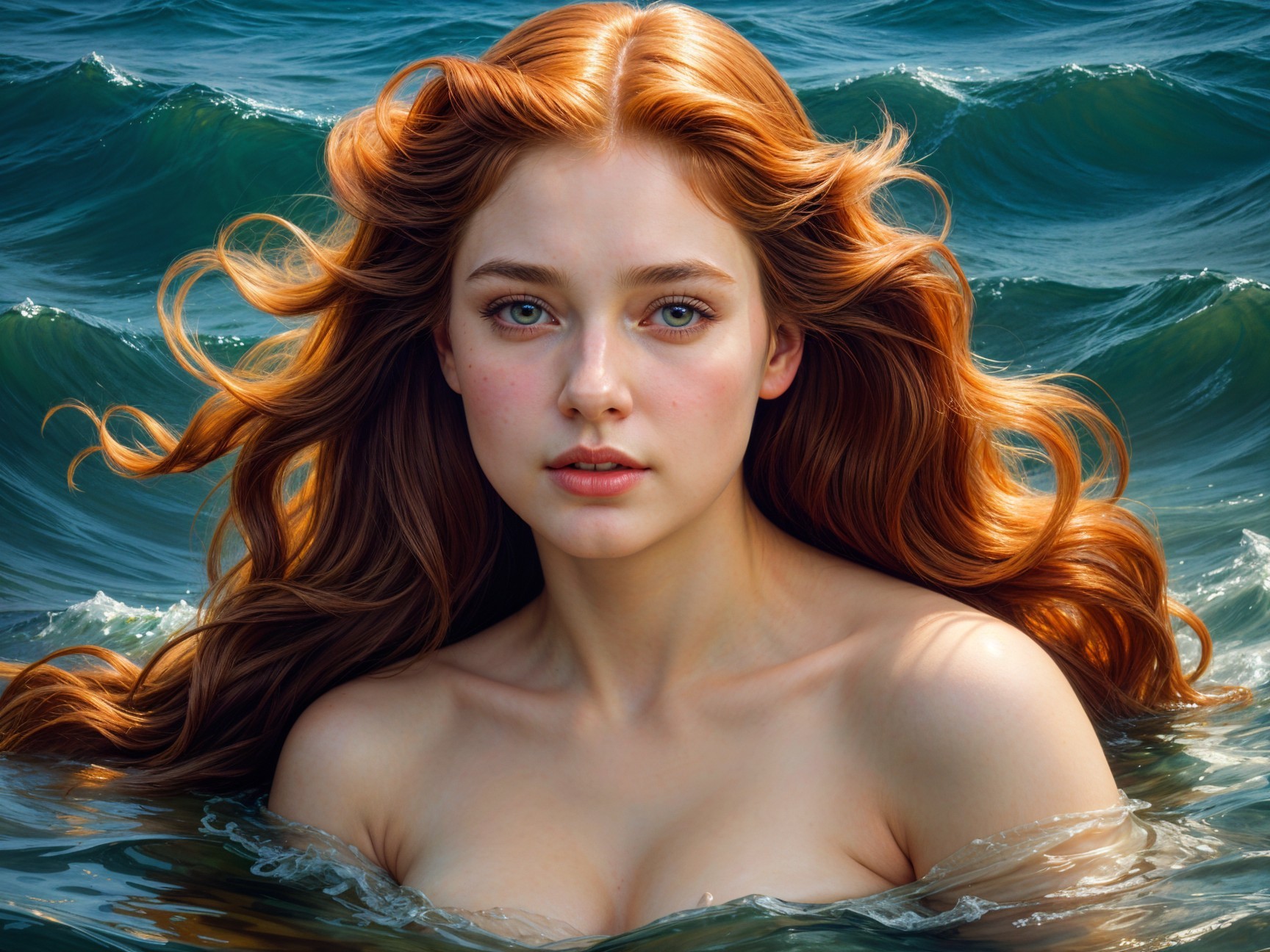 Young woman with red hair in serene ocean setting