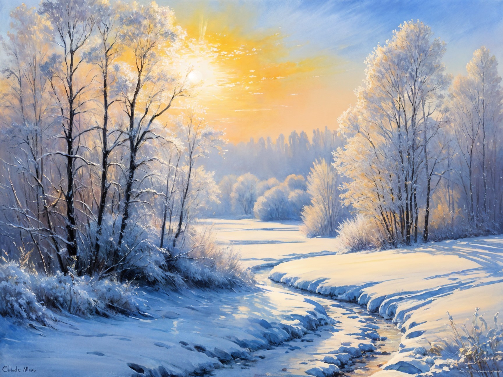 Serene winter landscape with sunlit snow and stream