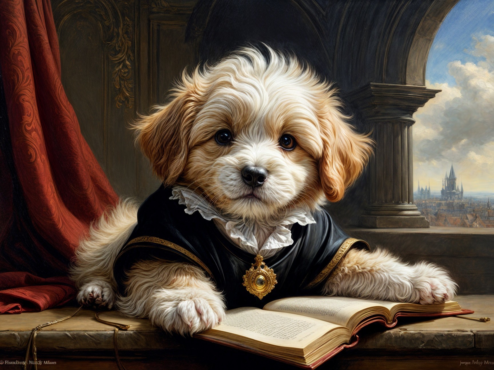 Charming Puppy in Historical Outfit by a Window