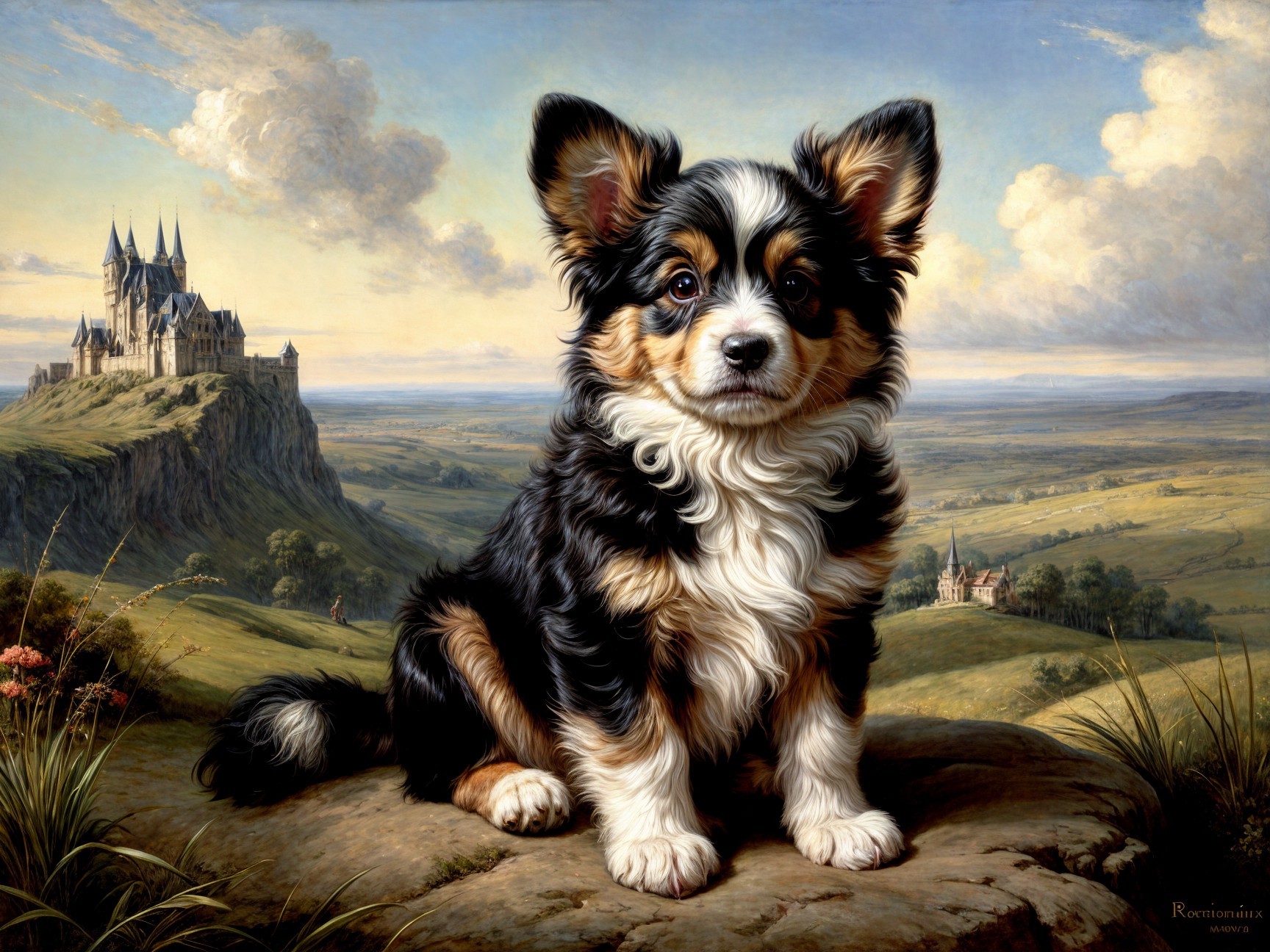 Fluffy Tri-Color Puppy on Rocky Outcrop with Castle