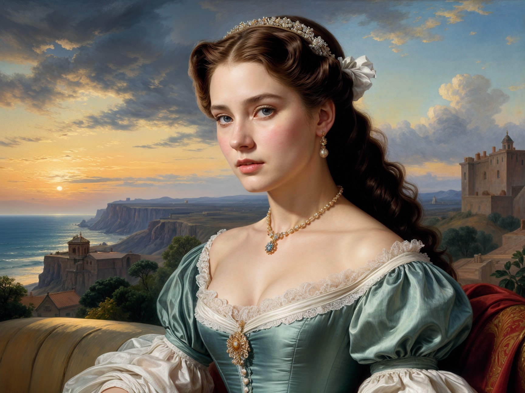 Young woman in turquoise gown by a sunset seascape