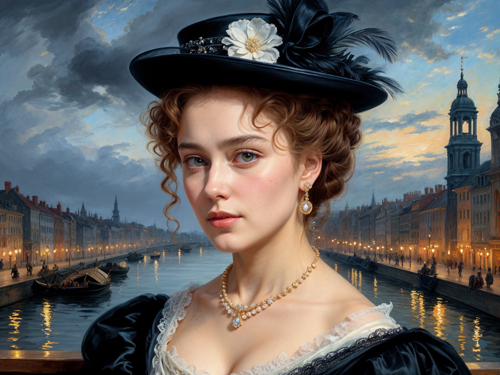 Elegant Woman in Vintage Dress Against Cityscape Twilight