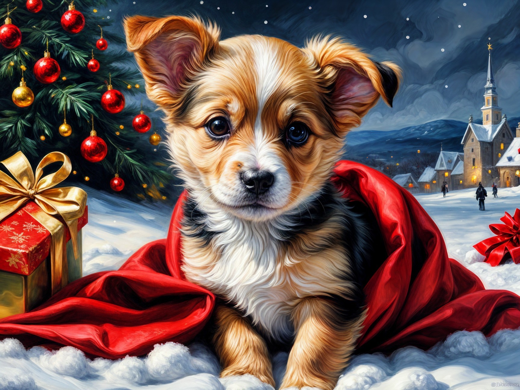 Fluffy puppy in red blanket in winter wonderland scene