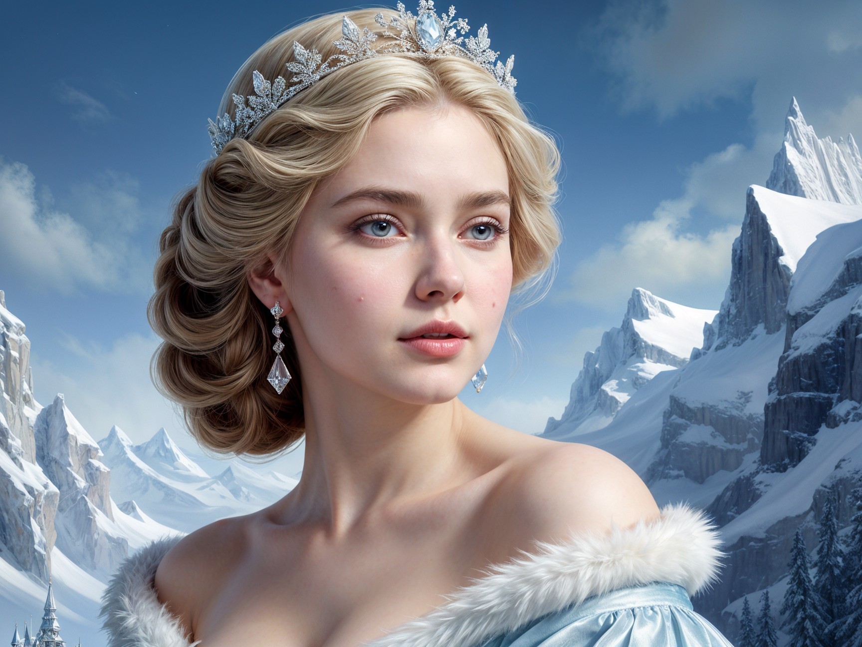 Young Woman in Icy Blue Dress in Winter Wonderland