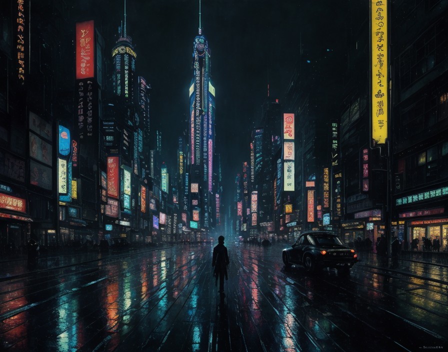 Night scene: rain-soaked street with neon signs, lone figure, parked car