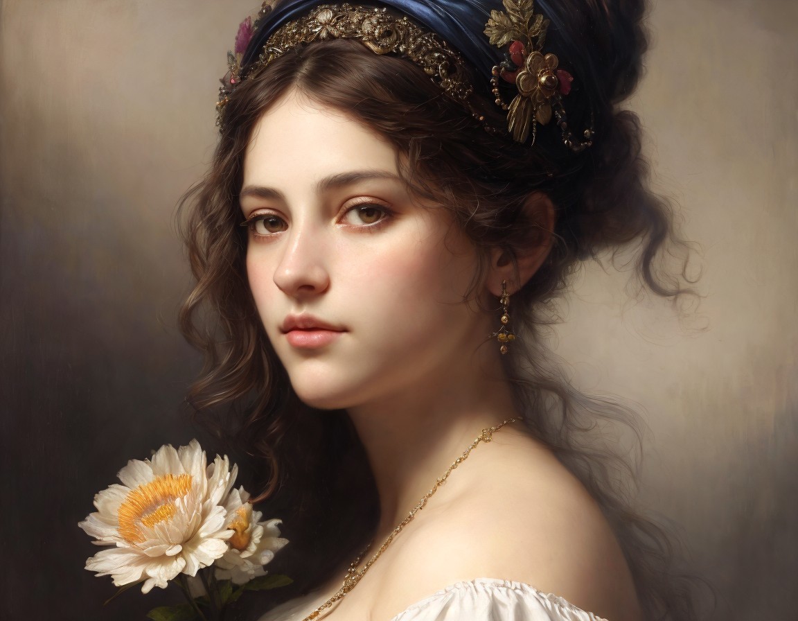 Young woman portrait with serene expression, jeweled headband, white flower, flowing hair, soft lighting