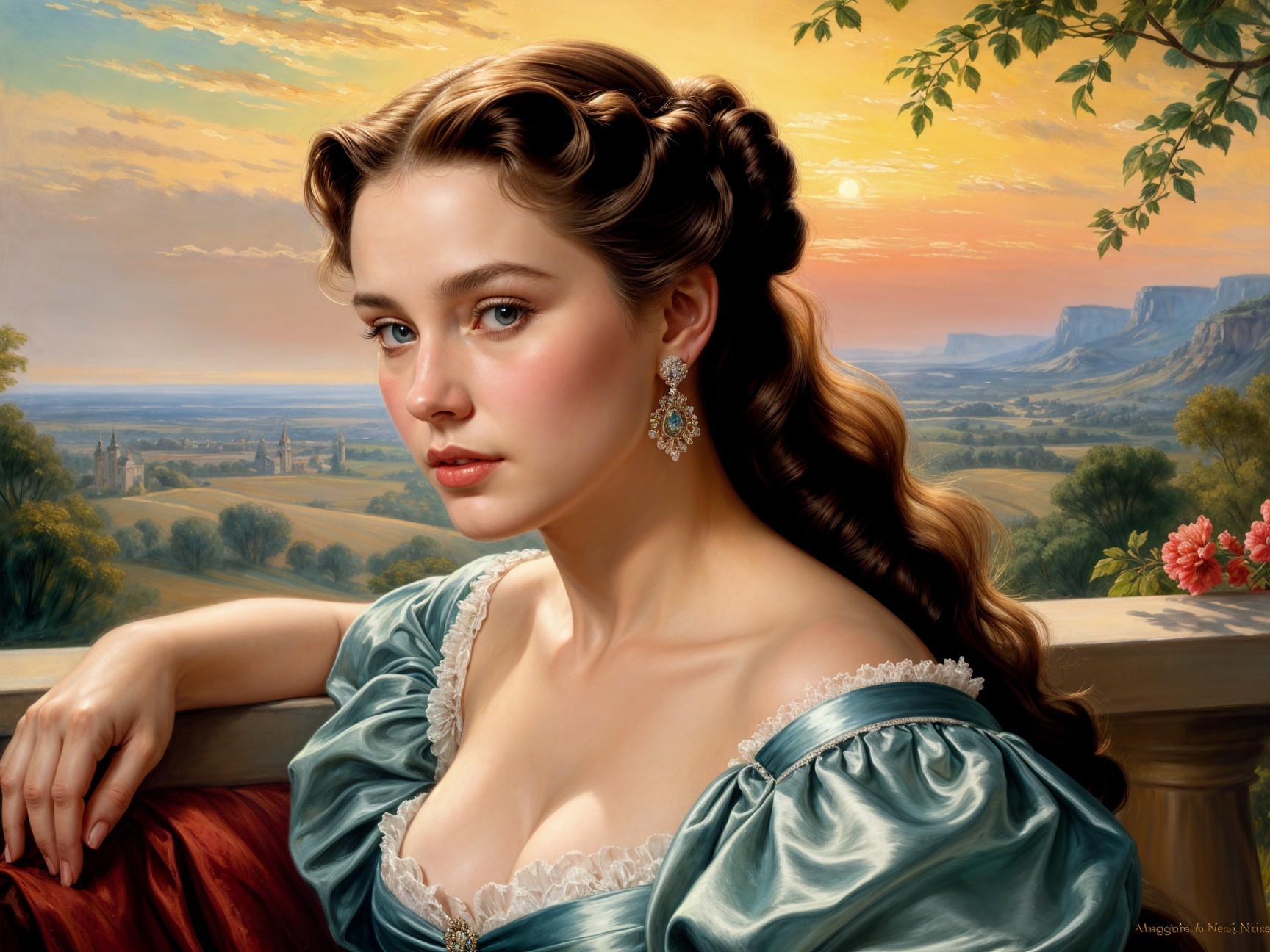 Young woman in vintage blue gown against sunset landscape