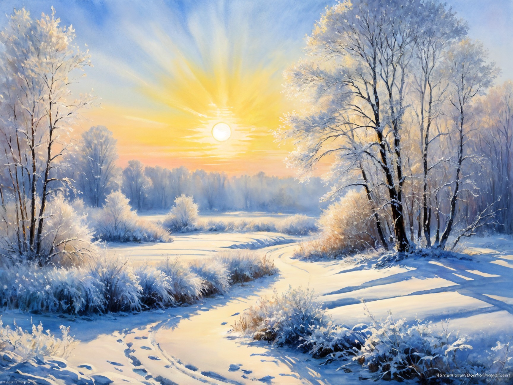 Serene Winter Landscape with Snowy Path and River