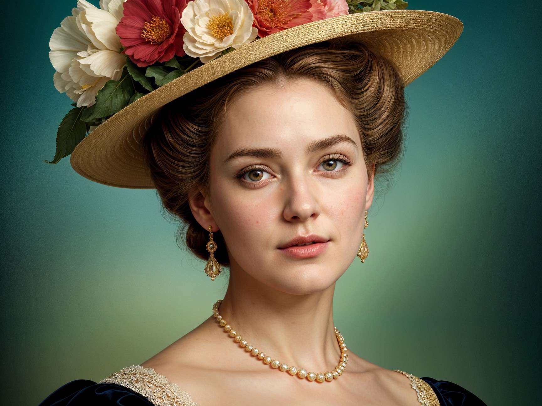 Vintage-style gown and floral hat portrait of woman