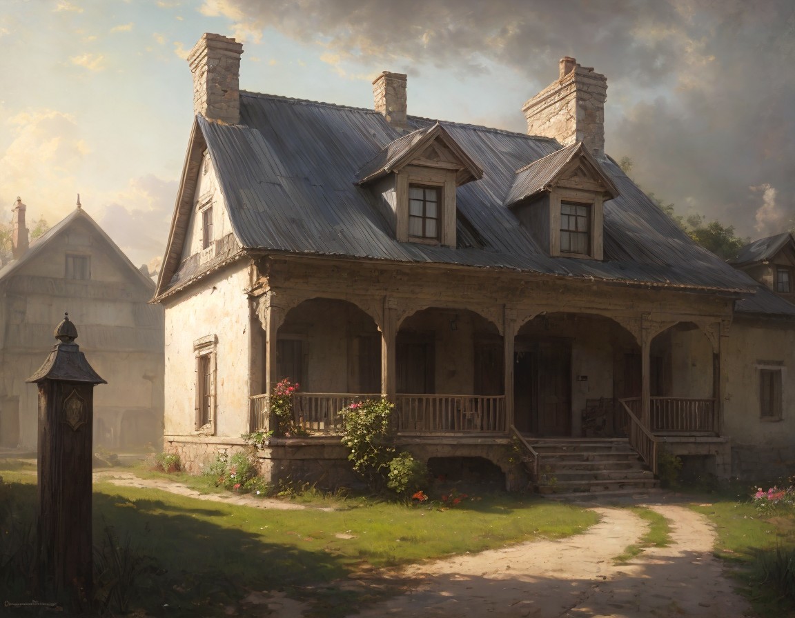 Weathered House with Wraparound Porch and Greenery