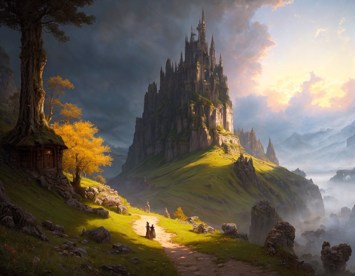 Mystical castle on rocky hill with lone tree, cabin, and horseback figure in fog