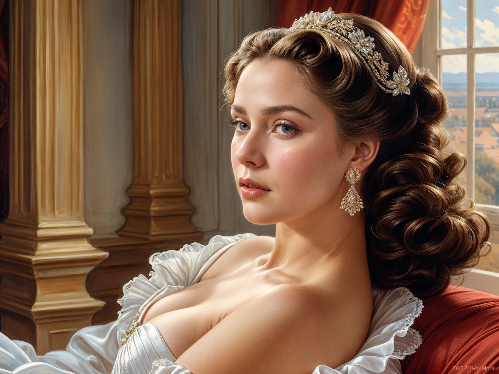 Elegant Woman in Off-the-Shoulder Gown with Tiara