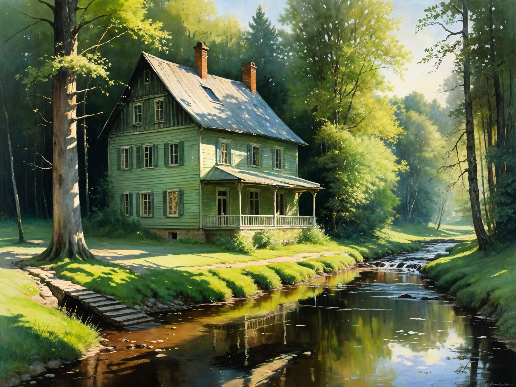 Charming Green Wooden House in Serene Natural Setting