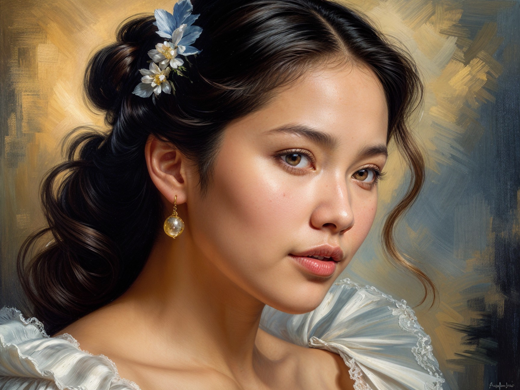 Thoughtful portrait of a young woman in elegant attire
