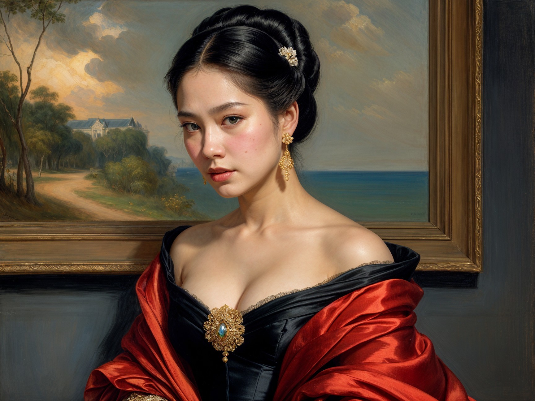 Elegant Woman in Black Gown with Serene Landscape