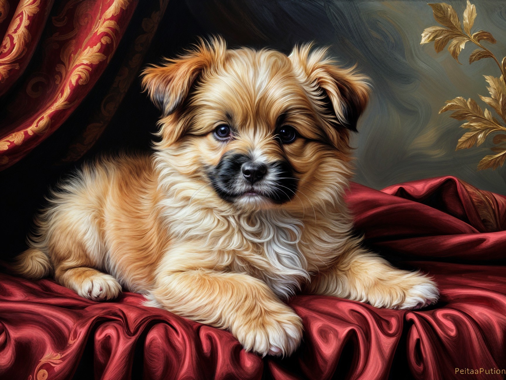 Fluffy Golden-Brown Puppy on Rich Fabric Background
