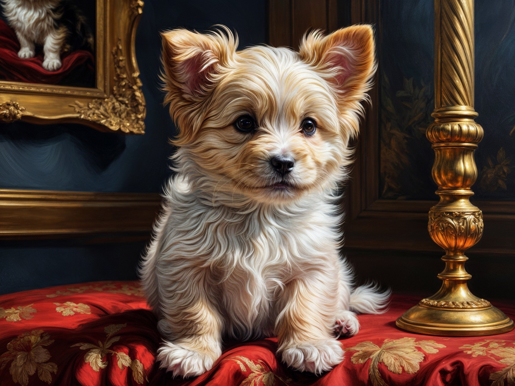 Fluffy Cream-Colored Puppy on Elegant Red Fabric