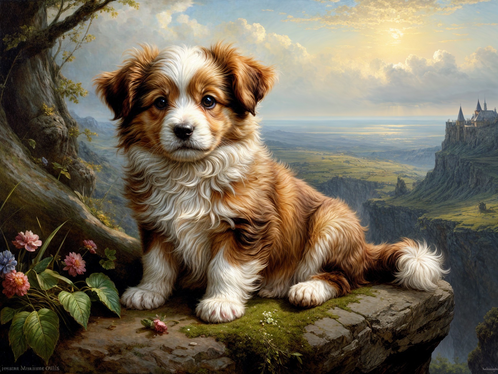Fluffy Golden-Brown Puppy on Mossy Rock in Landscape
