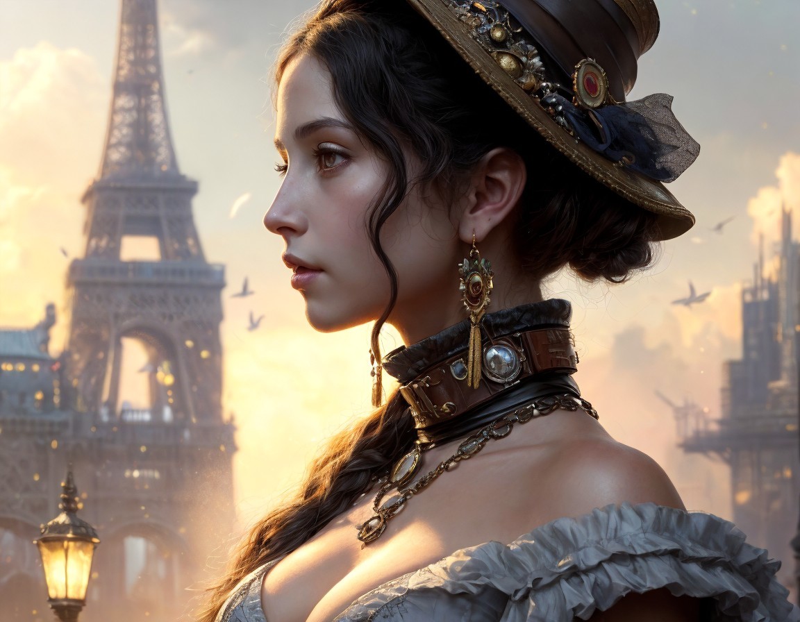 Steampunk Woman with Eiffel Tower and Flying Ships
