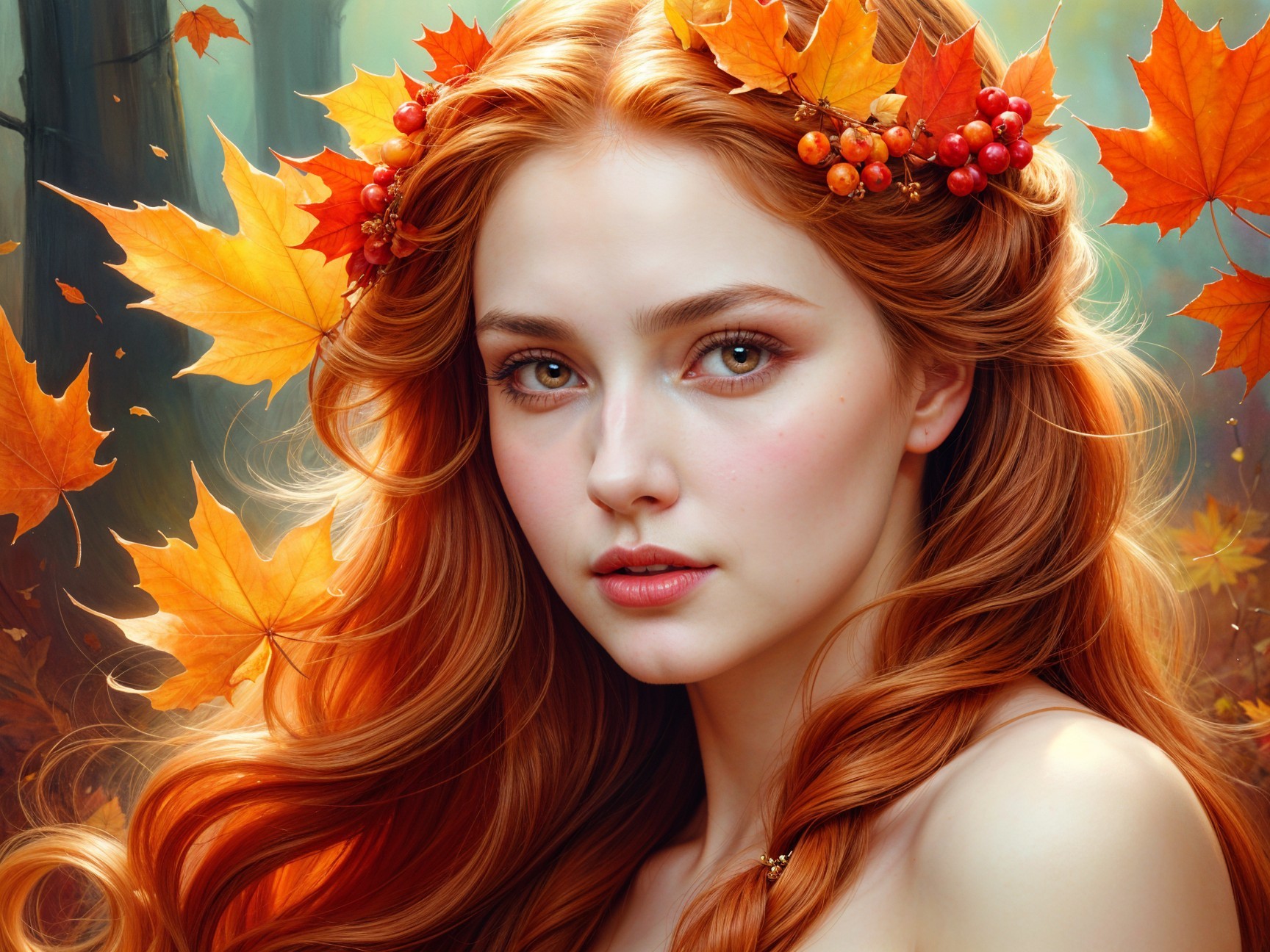 Young Woman with Red Hair in Autumn Forest Scene
