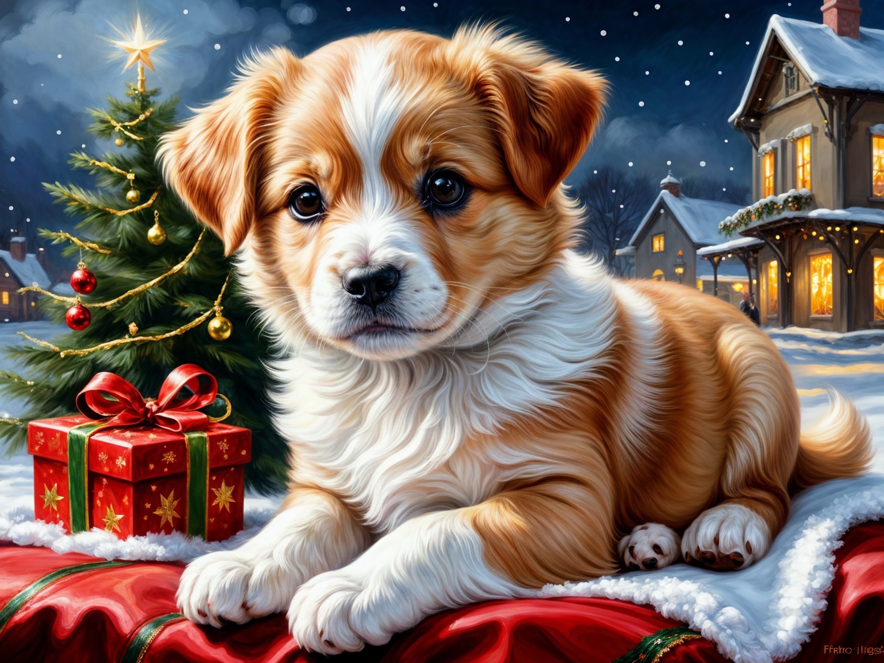 Fluffy puppy on festive blanket near Christmas tree