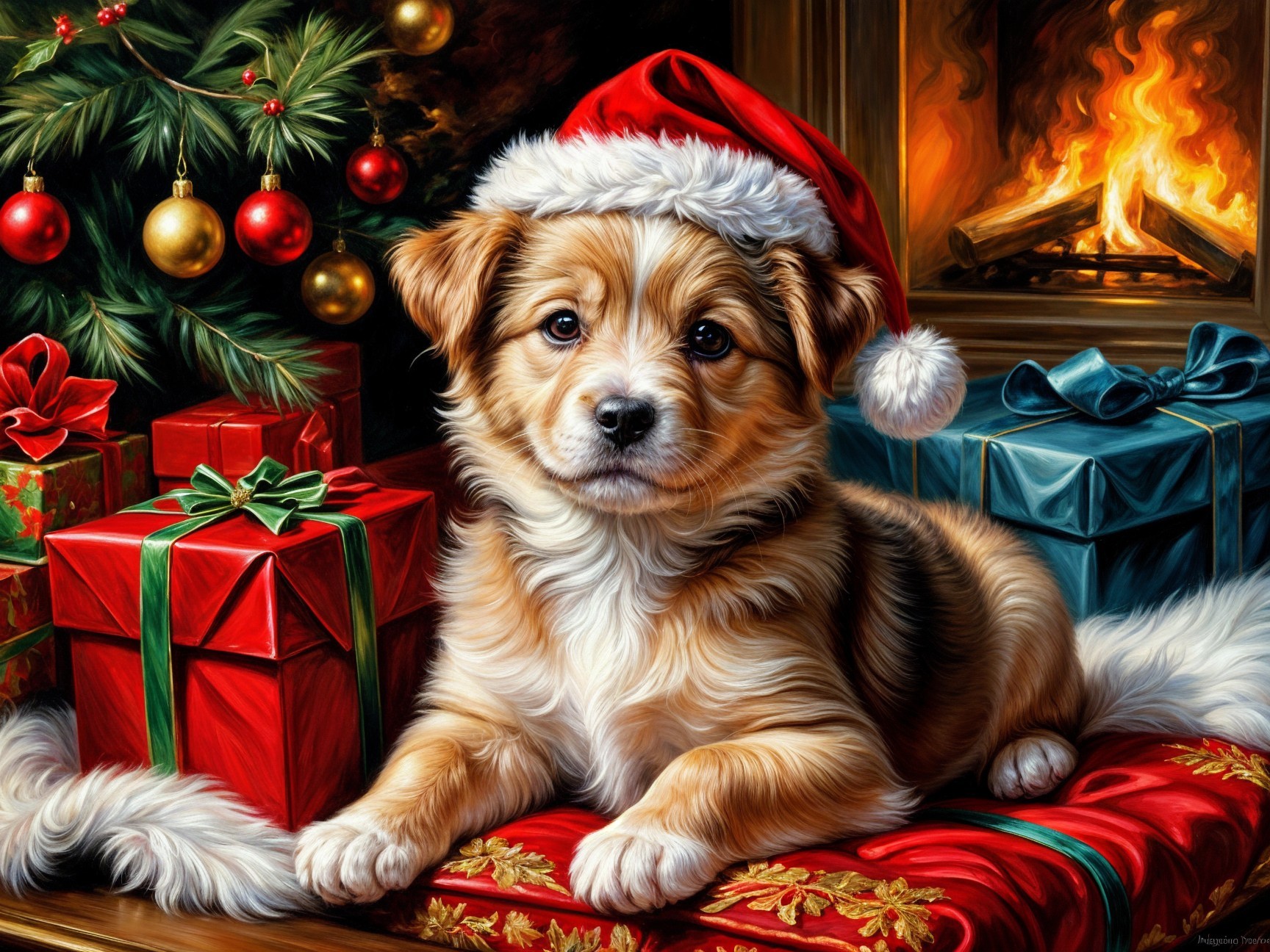 Puppy in Santa Hat on Festive Blanket by Fireplace